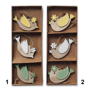 Ptáček závěs dřevo 3ks/8,2cm mix