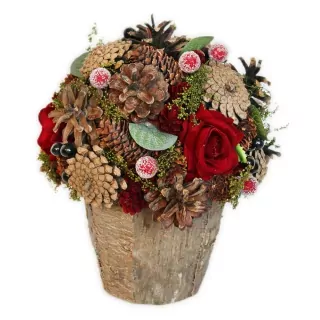 Aranžmá šišky/růže v22cm natural/bordó