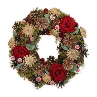  Věnec šišky/růže 28cm natural/bordó