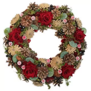  Věnec šišky/růže 34cm natural/bordó