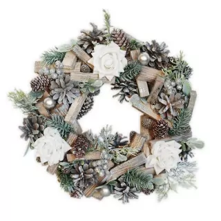  Věnec šišky/růže pr.28cm natural/bílá