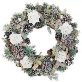  Věnec šišky/růže pr.34cm natural/bílá