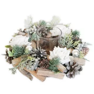  Svícen šišky/růže/sklo pr.24cm natural/bílá