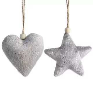  Srdce/hvězda závěs textil 8cm šedá