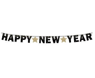 Papírová girlanda Happy New Year - Zlaté hvězdy, 180 cm