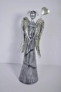 Plechový anděl Wave stříbrný-champagne se srdíčkem, 31cm, LED křídla