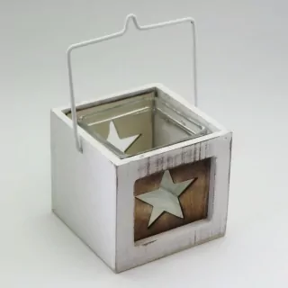 Svícen patina dřevo/sklo/kov 8,5cm bílá