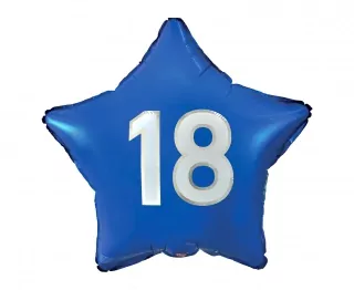 Fóliový balónek Číslo 18 modrá hvězda, bílý potisk, 19 palců