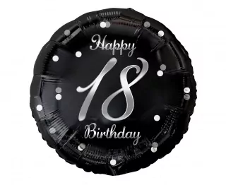 Fóliový balónek číslo 18 narozeniny, B&C Happy 18 Birthday, černá, stříbrný potisk, 18"