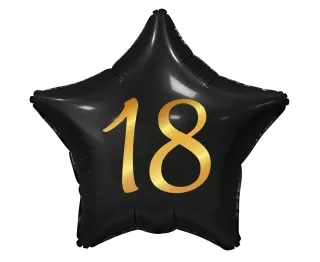 Fóliový balónek číslo 18, černá hvězda, zlatý potisk, 19"