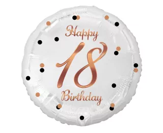 Fóliový balónek Číslo 18, Happy 18 Birthday, bílý, potisk růžového zlata, 45 cm
