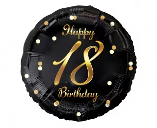 Fóliový balónek číslo 18, Happy 18 Birthday, černý, zlatý potisk, 18"