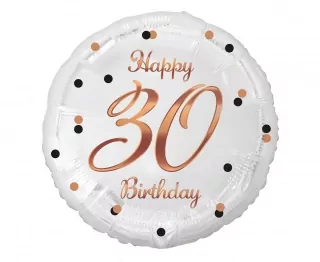 Fóliový balónek číslo 30, B&C Happy 30 Birthday, bílý, potisk růžového zlata, 18"