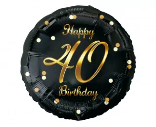 Fóliový balónek Number 40 Birthday, Happy 40 Birthday, černý, zlatý potisk, 45 cm