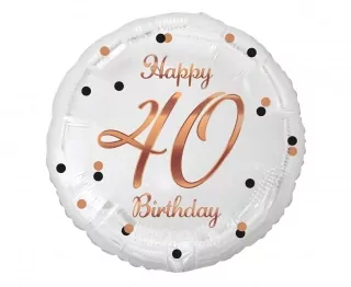 Fóliový balónek číslo 40, B&C Happy 40 Birthday, bílý, potisk růžového zlata, 18"