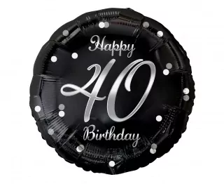 Fóliový balónek Číslo 40, Happy 40 Birthday, černý, stříbrný potisk, 45 cm