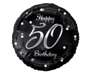 Fóliový balónek číslo 50. narozeniny, B&C Happy 50th Birthday, černá, stříbrný tisk, 18"
