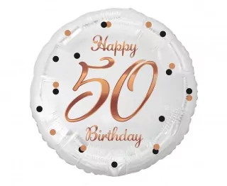 Fóliový balónek číslo 50, B&C Happy 50 Birthday, bílý, potisk růžového zlata, 18"