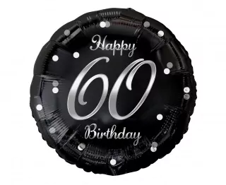 Fóliový balónek číslo 60. narozeniny, B&C Happy 60th Birthday, černá, stříbrný tisk, 18"