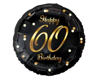 Fóliový balónek číslo 60. narozeniny, B&C Happy 60th birthday, černý, zlatý potisk, 18"