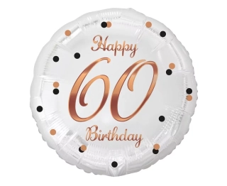 Fóliový balónek číslo 60, B&C Happy 60 Birthday, bílý, potisk růžového zlata, 18"