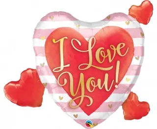 Fóliový balónek I Love You, srdce, růžové a bílé pruhy, 37" QL SHP