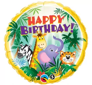 Fóliový balónek, Happy Birthday, zvířatka v džungli