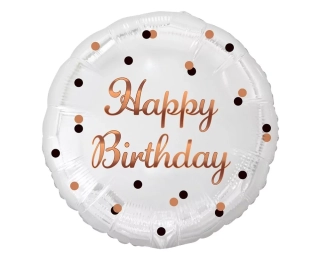 Happy Birthday fóliový balónek, bílý, potisk růžového zlata, 18"
