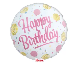 Fóliový balónek, kulatý, Happy Birthday, Puntíky, 35 cm