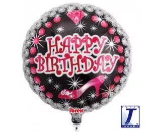 Fóliový balónek, kulatý, Happy Birthday, jehlové boty a diamanty, 35 cm