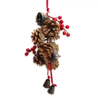 Šišky zvonky kov závěs 38cm natural/červená
