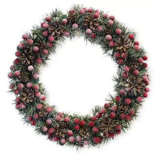 Věnec bobule pvc/šišky red frost