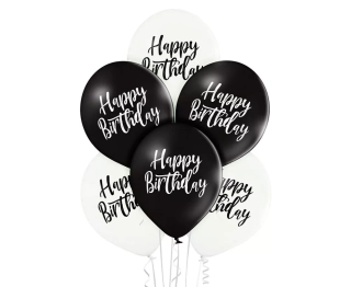 Balónky Happy Birthday, bílé a černé, 30 cm, 6 ks.