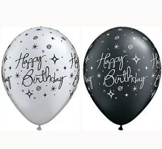 Balónky 11 palců "HAPPY BIRTHDAY", metalická černá a stříbrná / 25 ks.