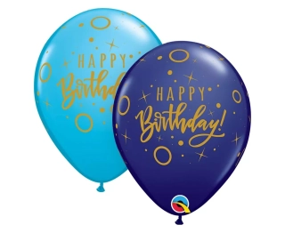 Balónky 11", Happy Birthday - Puntíky a kroužky, pastelově tmavě modré a modré / 25 ks.