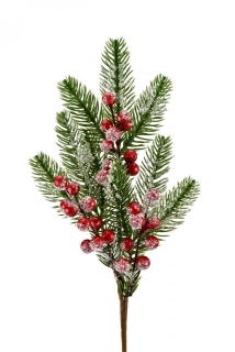 Umělá větvička chvojí a červené bobulky, zasněžená s glitry 40 cm
