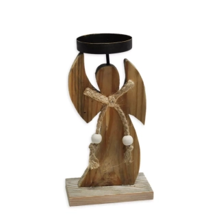 Anděl svícen dřevo/kov 25,5cm natur