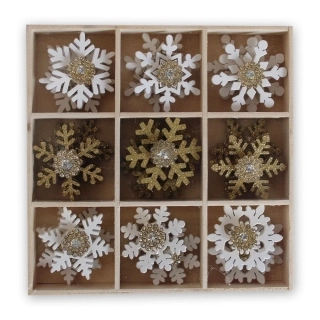 Vločky přízdoba dřevo 18ks/4cm bílá/zlatá