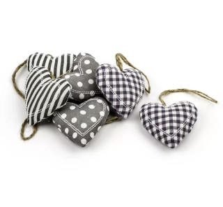Srdce závěs textil 6ks/9cm šedá