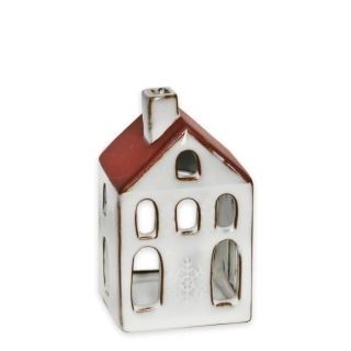 Domeček svícen kamenina V10,7cm bílá