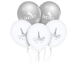 Balónky jednorožce, bílo-stříbrné, 30 cm, 5 ks.