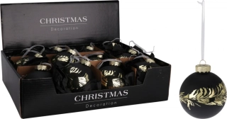 Skleněná baňka černá matná se zlatým peříčkem 8 cm