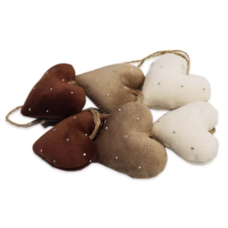 Srdce textil závěs 6ks/6cm hnědý mix